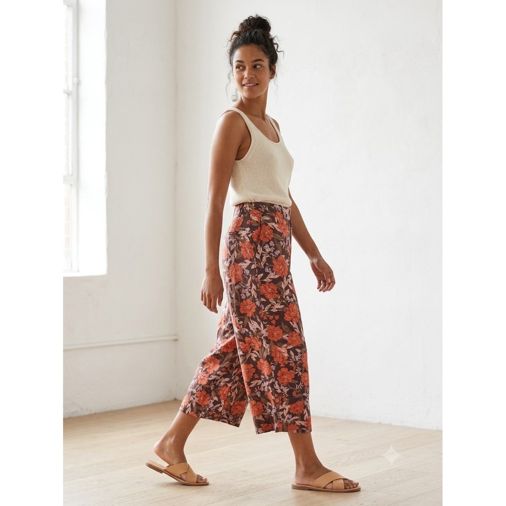 Haute Hippie Pants Large 100% Linen Wide Leg Cropped Brown Orange Floral Boho